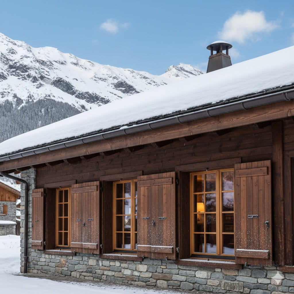 Chalet traditionnel en Haute-Savoie avec volets battants en bois massif motorisés devant un paysage de montagnes enneigées
